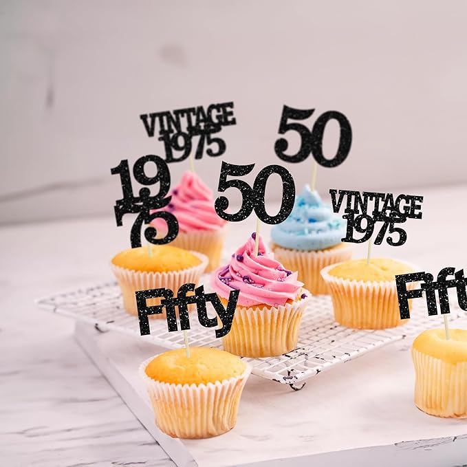 Gyufise 24Pcs Vintage 1975 Cupcake Toppers Cheers to 50 Fabulous Fifty Cupcake Picks 50th Birthday Wedding Anniversary Party Cake Decorations Supplies Black