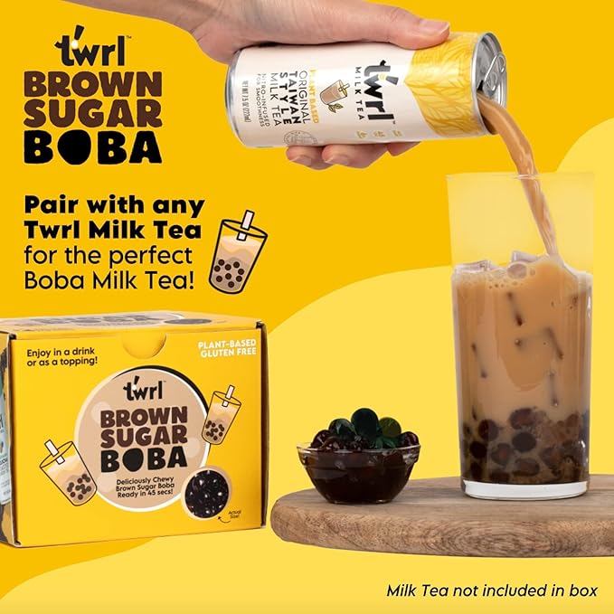 Twrl Brown Sugar Boba Bubble Tea Topping - Taiwanese Boba Pearls, Cafe-Style Tapioca Topping, Instant - Perfect for Milk Tea and Coffee, Gluten-Free, Plant-Based - Pack of 3 Single Servings & 3 Boba Straws