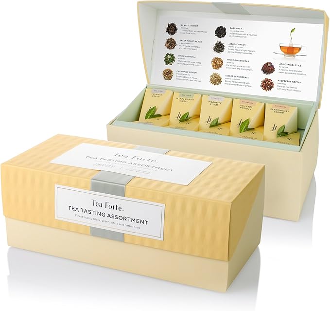 Tea Forte Tea Sampler Presentation Box, 20 Assorted Handcrafted Pyramid Tea Infuser Bags, Tea Tasting Assortment: Black, White, Green, Herbal