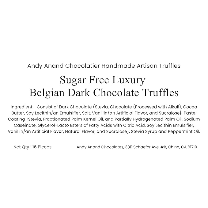 Andy Anand Chocolatier Sugar Free Belgian Dark Chocolate Truffles - Gluten Free & Diabetic-Friendly Chocolate Truffles Gift Box, Assorted Flavors Belgian Truffles With Guilt-Free Indulgence (16 Pcs)