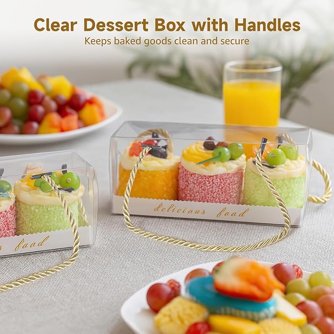 24PCS Macaron boxes, Take Out Clear Chocolate Covered Strawberries Boxes with Handles, Portable Transparent Macaron Cupcake Boxes, Bakery Cookie Present Containers for Party, Wedding, Display, Pastry Packaging, 7.3 x 2.6 x 2.6 in