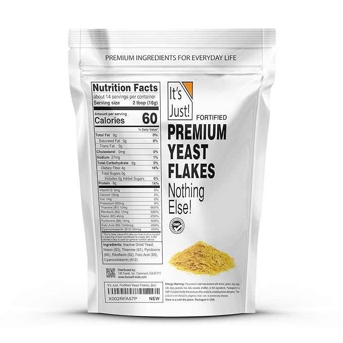 It's Just - Yeast Flakes, Nutritional Yeast, Premium Fortified w/Vitamin B, Nooch, Vegan Cheese Substitute (8 Ounces)