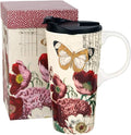 Topadorn 17 OZ Ceramic Coffee Mug Travel Cup with Lid and Gift Box, Red Flower and Butterfly