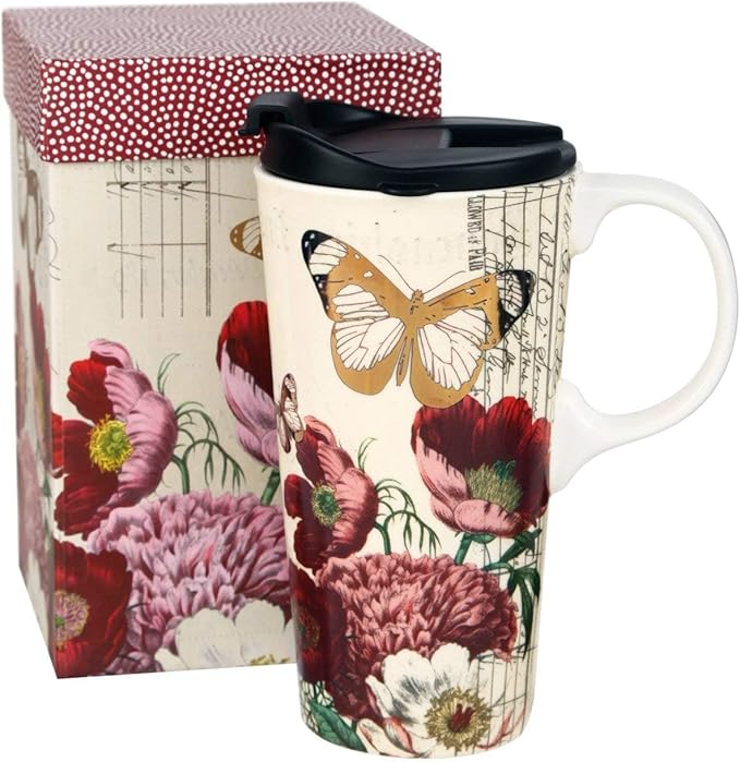 Topadorn 17 OZ Ceramic Coffee Mug Travel Cup with Lid and Gift Box, Red Flower and Butterfly