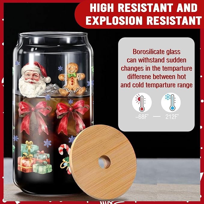 Santa Claus Glass, 16 Oz Winter Iced Coffee Glass with Straw and Lid, Perfect for Christmas and Holiday Celebration Decorations (One)