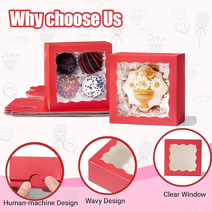 40 Pack 4x4x2 inches Red Bakery Boxes with Window - Macaron, Cookie, Chocolate Truffle, Strawberry & Mini Cake Gift Boxes for Valentine's, Parties, Birthdays, Wedding, Christmas Favors
