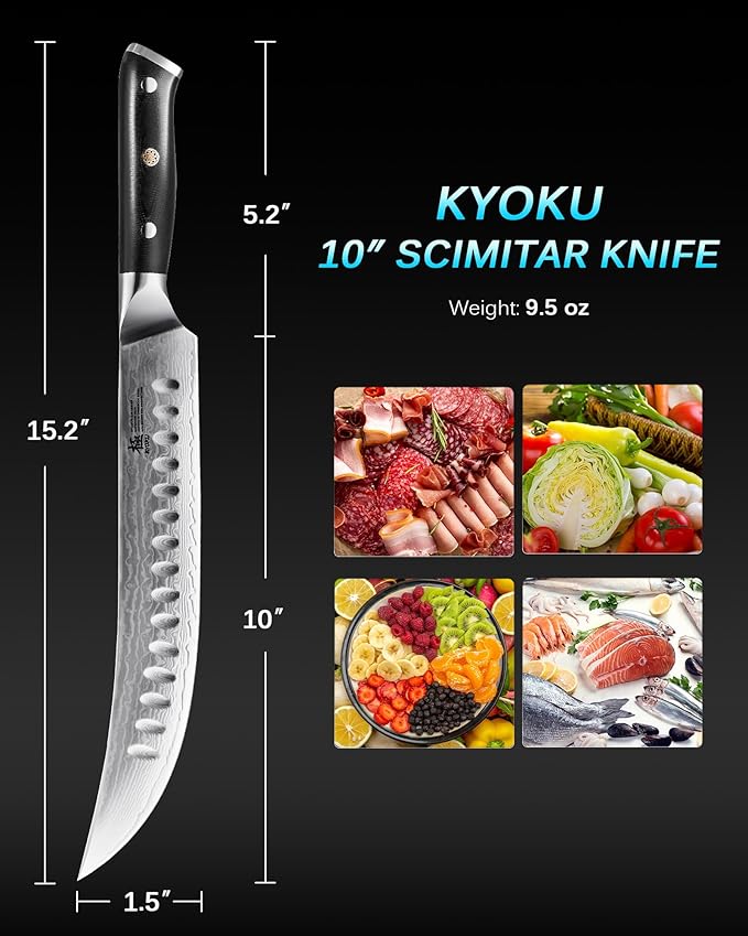 KYOKU 10" Scimitar Knife, Gin Series Cimitar Breaking Knife with Silver PVD Coating Damascus Blade, Japanese VG10 Stainless Steel Butcher Knife, Full Tang Brisket Kitchen Knife with Sheath & Case