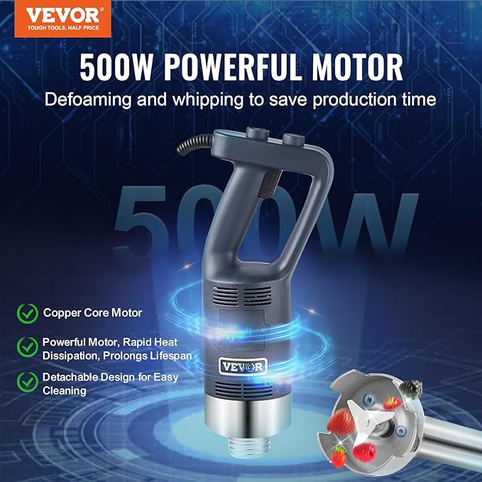 VEVOR Commercial Immersion Blender, 500W Heavy Duty Hand Mixer, 16 inch Stepless Variable Speed Mixer with Stainless Steel Blade, Multi-Purpose Portable Mixer for Soup, Sauces, Mashed Potatoes, Cream