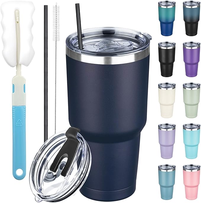 30 oz Tumbler with Lids and Straws, Stainless Steel Insulated Coffee Tumbler, Double Wall Vacuum Insulated Travel Mug Cup, Leakproof Thermal Coffee Cup for Hot and Cold Drinks (Navy Blue)