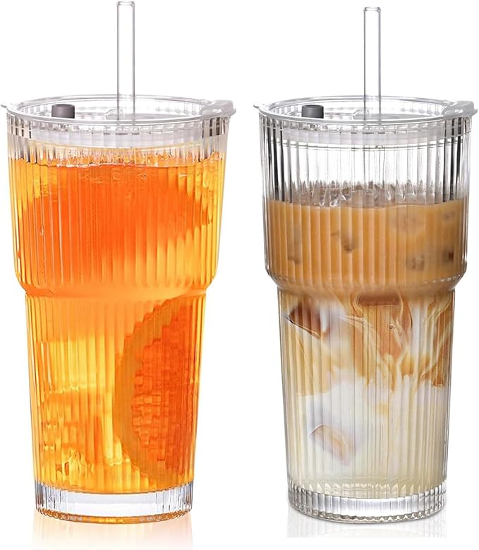 20oz Ribbed Glass Cups with Lids and Straws, Vintage Glass Tumbler with Straw, 2 Piece Iced Coffee Cups Set, Thicked Wall Drinking Glasses Ideal for Coffee