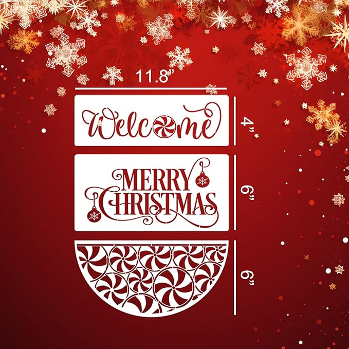 Christmas Stencils for Painting on Wood 12” Christmas Stencils for Crafts Reusable Holiday Doormat Stencil for Porch Hanger Fabrics Decor(Xmas Half RD Stencil 05/18P)