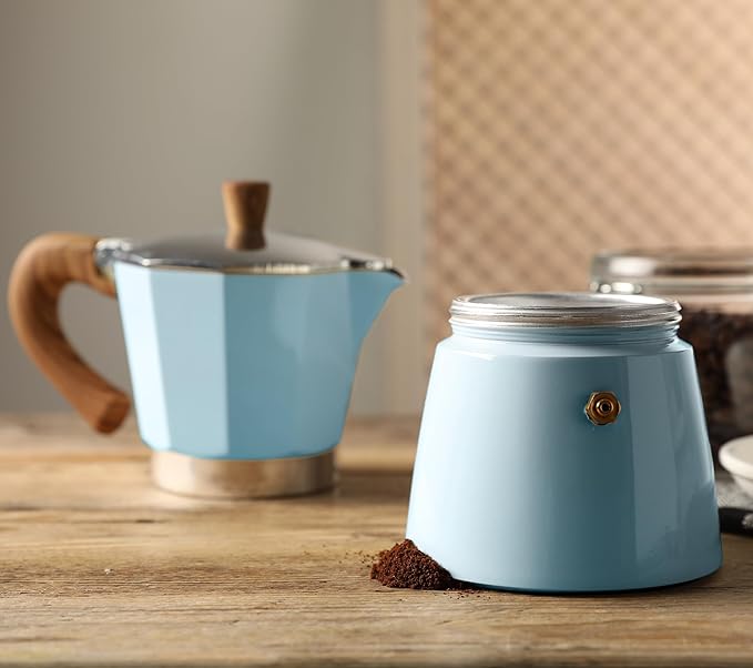 AGOGO Milano Moka pot, Stovetop Espresso maker, Greca Coffee Maker, Stovetop coffee maker and espresso maker percolator With Paper Filter 6 Cup Lake Blue