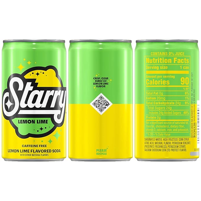 Starry Lemon Lime Soda, Caffeine Free, Mini Cans, 7.5 Fl oz (Pack of 10)