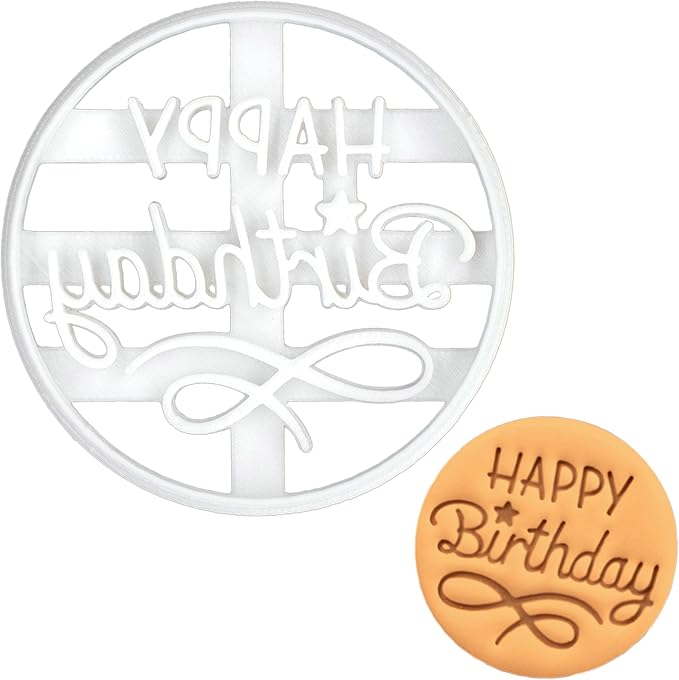 BAKERLOGY Happy Birthday Cookie Cutter - Round Biscuit Embosser for Celebration Baking, Detailed Fondant Stamp for Cakes, Cupcakes, Dough, and Clay