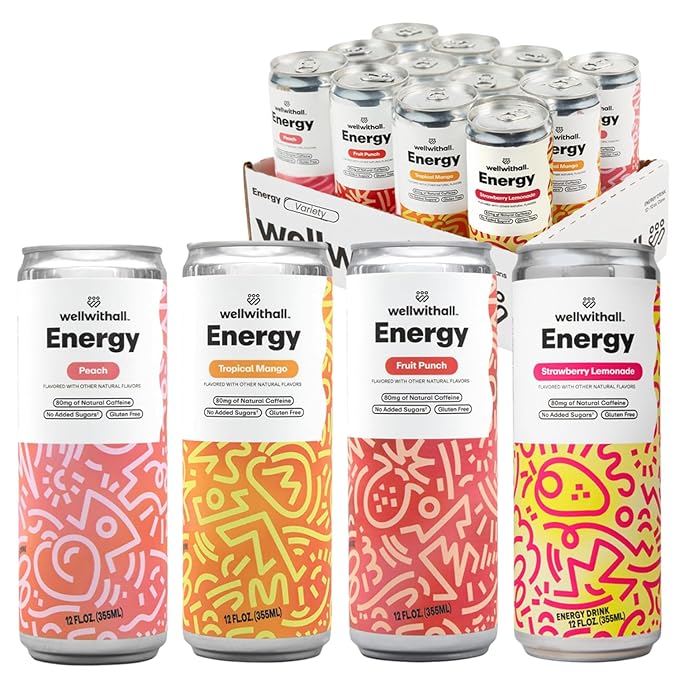 WellWithAll Energy Drink - Natural Caffeine from Tea - Healthy Energy Drink - Lightly Sparkling - Blend of Fruit and Veggie Juices - 12 Oz (Pack of 12) (12 Fl Oz (Pack of 12), Fruit Punch, Tropical Mango, Peach, and Strawberry Lemonade Variety Pack)