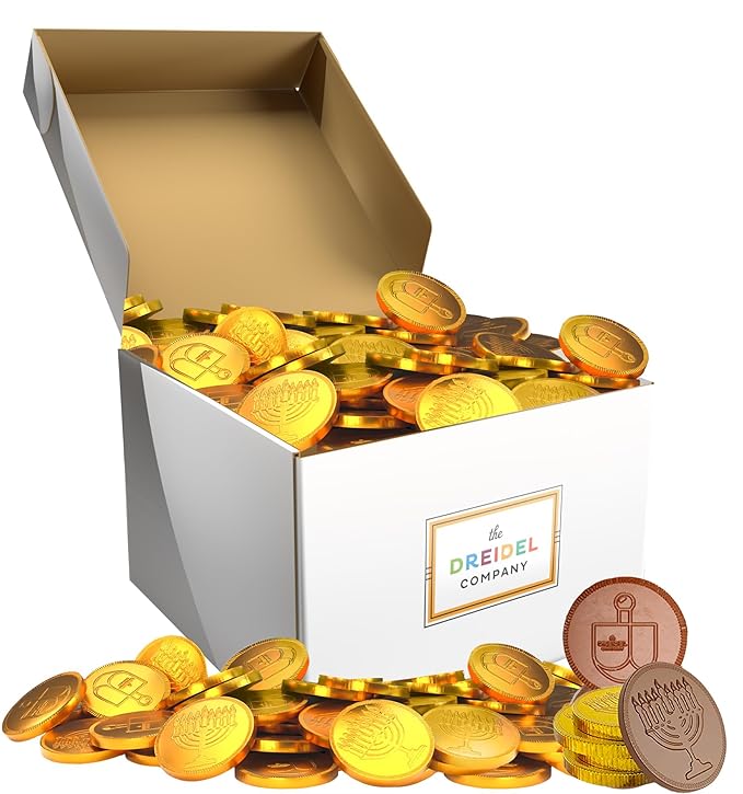 The Dreidel Company 500-Pack Original Milk Gold Hanukkah Menorah And Dreidel Design Chocolate Coins - Nut Free - Made with Premium Belgian Chocolate - Gluten Free - Non GMO - Kosher Certified