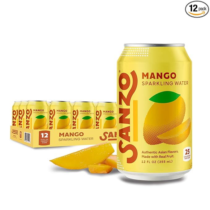 Sanzo Flavored Sparkling Water - Mango Soda Seltzer - Low Calorie Low Sugar Soda - Craft Asian Drinks - Vegan Gluten Free Carbonated Flavored Water - Fizzy Bubbly Healthy Drinks - 12oz, 12 Pack