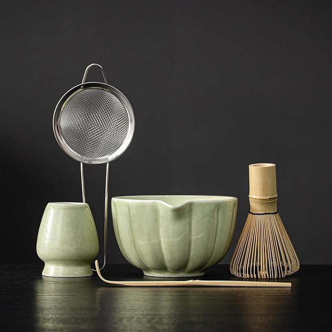 Matcha Whisk Set, Matcha Bowl with Spout, Matcha Whisk, Chasen Holder, Sifter, Bamboo Scoop - 5 Pcs Perfect Matcha Making Kit for Matcha Lover and Tea Ceremony (Speckled Green)