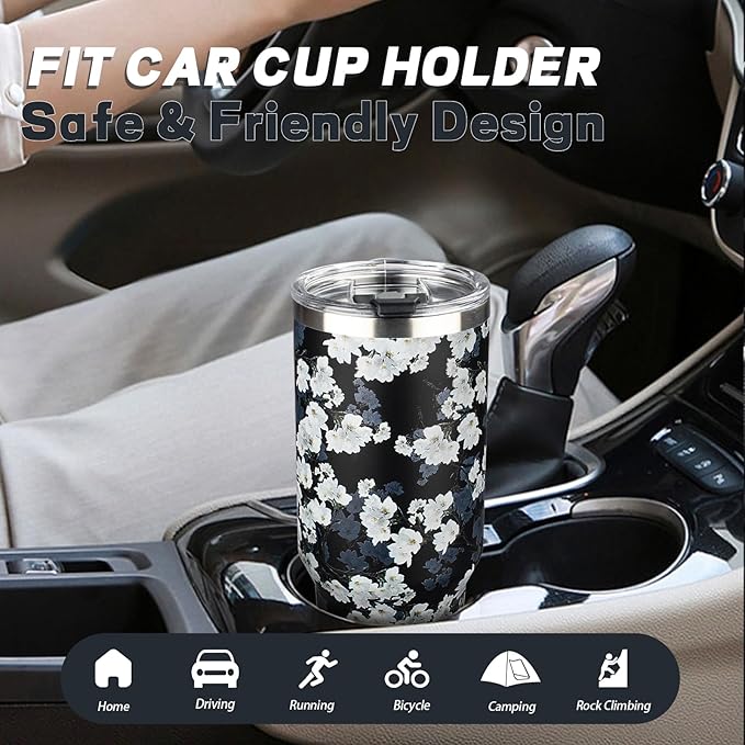 40 oz Tumbler with Lids and Straws, Stainless Steel Insulated Coffee Tumbler, Double Wall Vacuum Insulated Travel Mug Cup, Leakproof Thermal Coffee Cup for Hot and Cold Drinks (White Flower)
