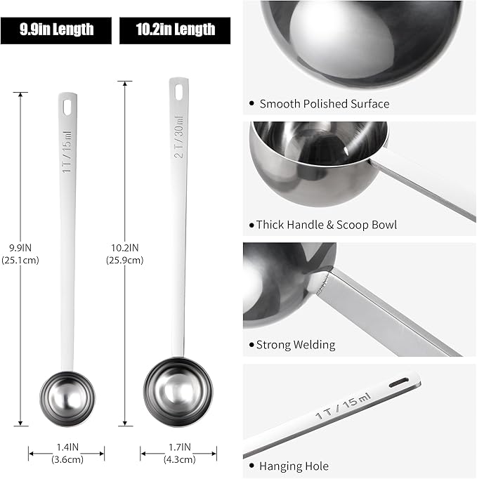 18/8 Stainless Steel Coffee Scoops, Doosu Food-Grade Metal Measuring Spoons with 8.5in Long Handle, Tablespoon Scooper for Coffee Beans, Ground Coffee, Espresso, Protein Powders, Tea (1 & 2 Tbsp)