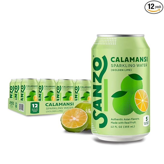 Sanzo Flavored Sparkling Water - Golden Lime Seltzer (Calamansi) - Low Calorie Low Sugar Soda - Craft Asian Drinks - Vegan Gluten Free Carbonated Flavored Water - Fizzy Healthy Drinks - 12oz, 12 Pack