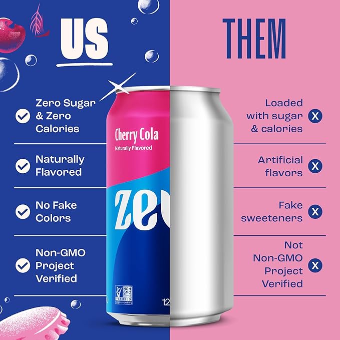 Zevia Zero Sugar Soda, Cherry Cola, 12 oz Cans (24-Pack) – Naturally Sweetened, Non-GMO Project Verified, Gluten-Free, Vegan