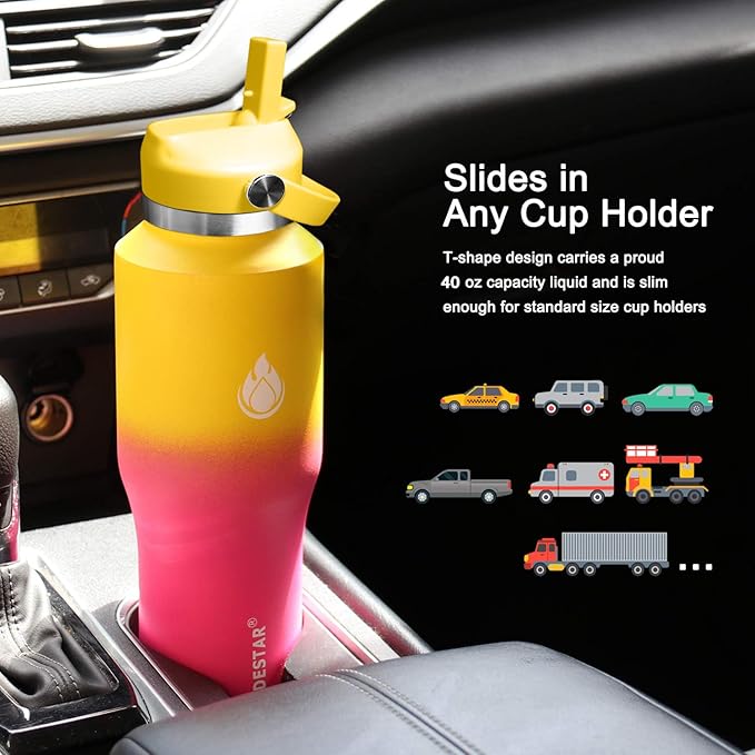 SENDESTAR 40oz Stainless Steel Water Bottle(Cold for 48 Hrs, Hot for 24 Hrs),Double Wall Vacuum Insulated Bottle with Straw Lid, Spout Lid and Flex Cap, Fit in Any Car Cup Holder