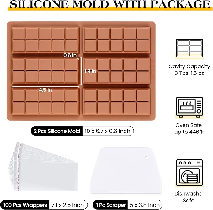2 Pcs Chocolate Bar Mold Deep Dubai Stuffed Silicone Molds for Filling Knafeh Pistachio Chocolate Bar and Wax Melts Rectangle Thick Candy Bar Molds Break Apart (10 Snap）