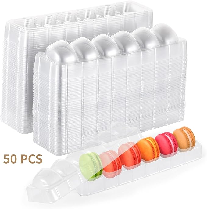 50 PCS Macaron Boxes, 6-Slot Dessert Cases for Macarons Small Cakes, Clear Plastic Macaron Storage Containers, Macaroon Packaging Display Trays for Cookie Wedding Party Gifts （8.9 x 2.0 x2.6in）