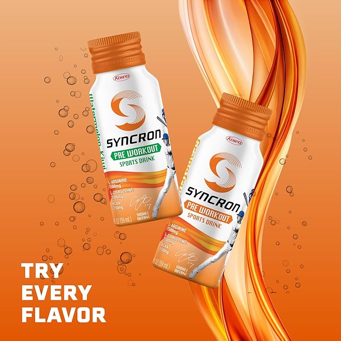 Syncron Pre Workout Sports Drink Endorsed by Shohei Ohtani, Aluminum Bottled, Sugar Free Pre Workout with L Arginine, L Citrulline & BCAAs, Pre Workout Energy Shot, Watermelon Kiwi, 6 Pack, 2 oz