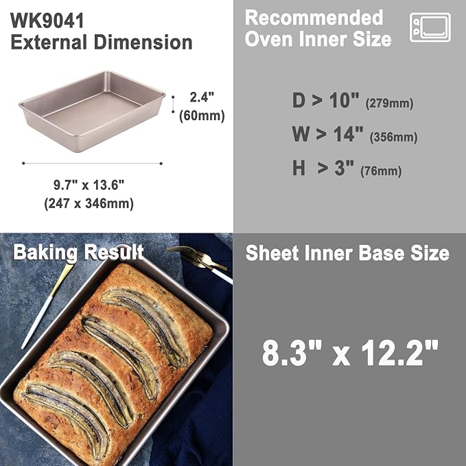 CHEFMADE 13-Inch Rectangle Cake Pan, Non-Stick Loaf Pan Deep Dish Bakeware for Oven Roasting Meat Bread Jelly Roll Battenberg Pizzas Pastries 9.7" x 13.6" X 2.4"(Champagne Gold)