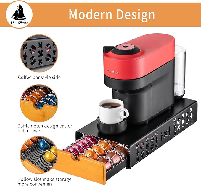 Flagship Coffee Pod Holder for Nespresso Vertuo Pod Organizer Fits All Vetuo Pods Black Metal With Wood Handle