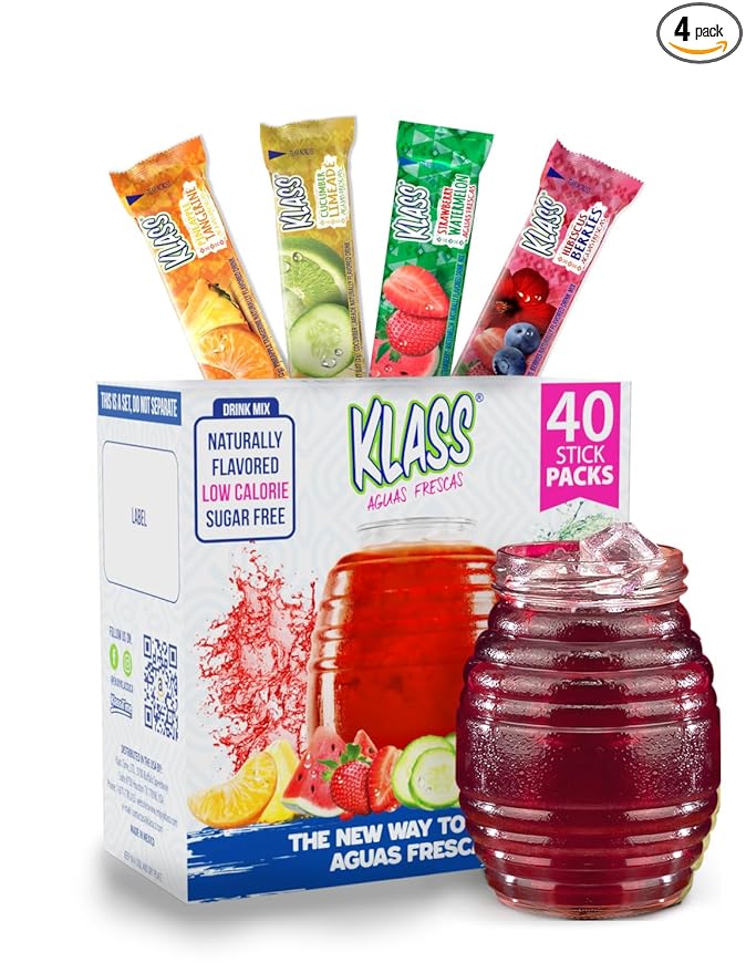 Klass Aguas Frescas | Drink Mix Variety Pack | Cucumber Limeade, Strawberry Watermelon, Hibiscus Berries & Pineapple Tangerine | Sugar Free On-The-Go Packets (40 Count Powder Stick Packs)