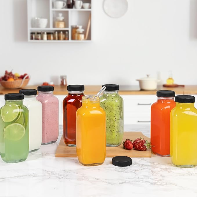 Juice Bottles with Lids, 16 Oz - Set of 20 - Clear Glass Jars with Caps - Reusable Empty Drink Containers for Juicing, Smoothies, Water, Milk, Kombucha Storage, Wellness Shots and More (20)