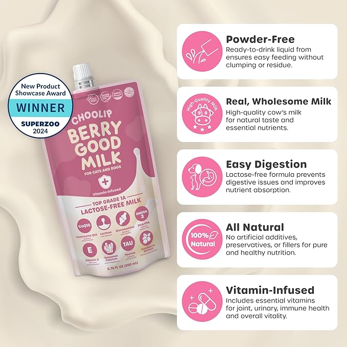 Choolip Berry Good Milk – 10-Pack Lactose-Free Vitamin Milk for Cats & Dogs | Vet-Formulated Pet Drink Supporting Urinary, Joint & Digestive Health | Grain-Free, Ready to Serve
