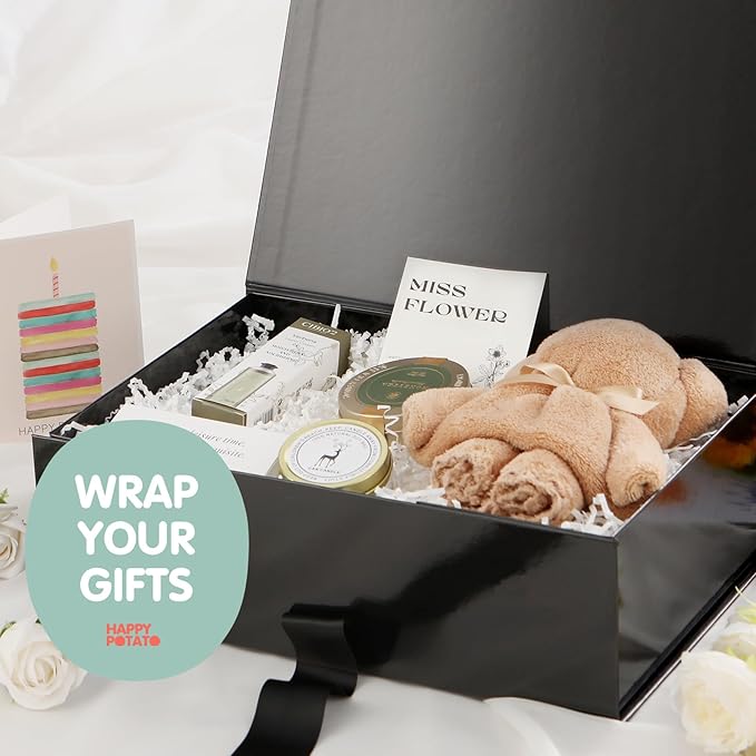 HAPPY POTATO Large Black Gift Box with Lid and Ribbon 13.5x9x4.1 Inches, Groomsman Proposal Box, Magnetic Gift Box for presents (Glossy Black)