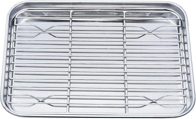 TeamFar Toaster Oven Pan Tray with Cooling Rack, Stainless Steel Toaster Ovenware Pan, Compact 8''x10''x1'', Healthy & Non Toxic, Rust Free & Easy Clean - Dishwasher Safe