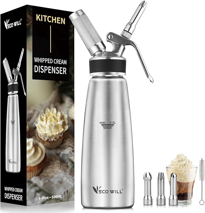 Professional Stainless Steel Cream Whipper, 500ml – For Perfect Whipped Cream, Dessert Mousses, Cocktails & More – Easy to Use & Clean (Stainless Steel 0.5L)