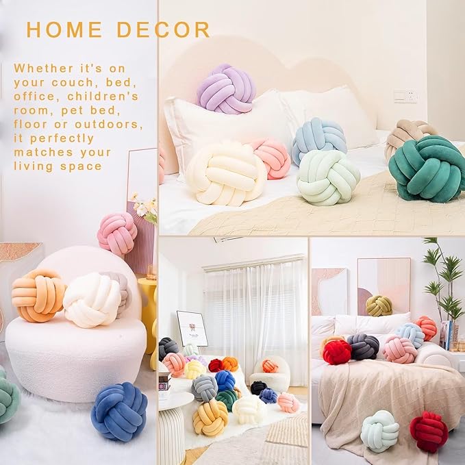 Decorative Throw Knot Pillow Ball for Home Chair Sofa Aesthetic Round Velvet Knotted Pillow Cushion (Milky White, 11 inches)