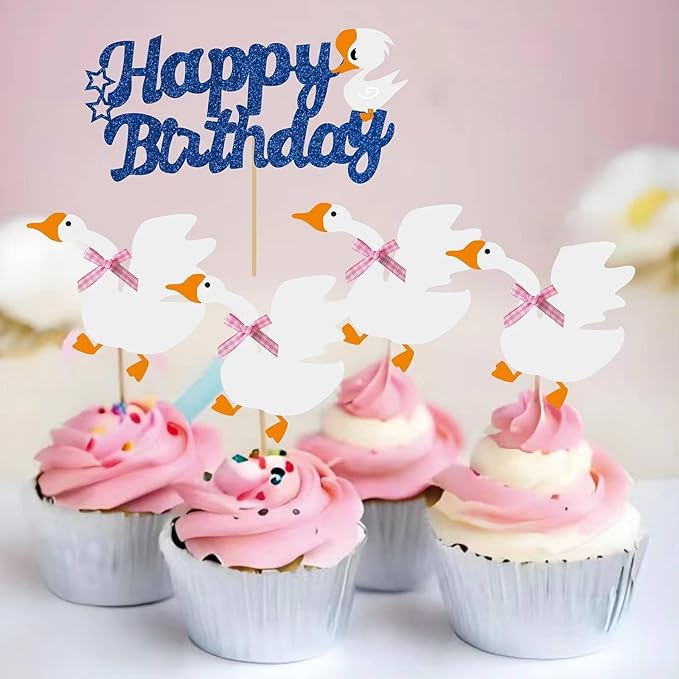 12PCS Silly Goose Cupcake Toppers, Funny Goose Birthday Cake Decorations White Goose Baby Shower Theme Decorations Party Supplies for Baby Boy Girls Birthday Party Decorations