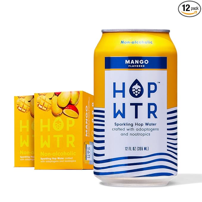 HOP WTR Sparkling Hop Water, Mango 12 Pack, Sugar Free, Low Carb Non Alcoholic Drinks, NA Beer, Adaptogen Drink, No Calories, Adaptogens & Nootropics for Added Benefits, 12 oz Cans