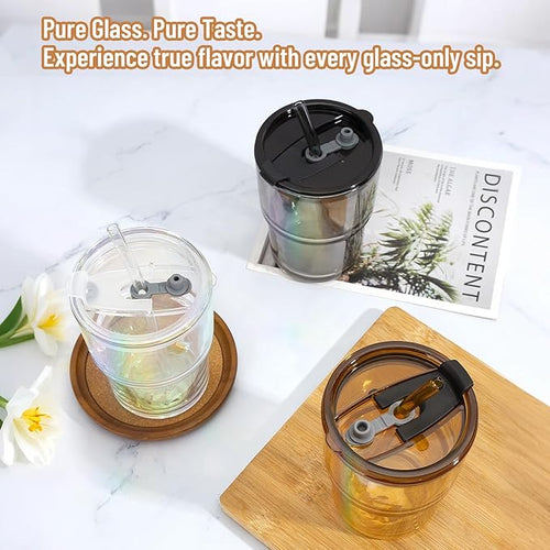13 oz Glass Tumbler with Glass Straw and Lid, Leak-Proof Reusable Travel Cup for Iced Coffee, Tea, Matcha, Fruit Juice – Thick Wall Clear Water Bottle (Gray, 2 Pack)