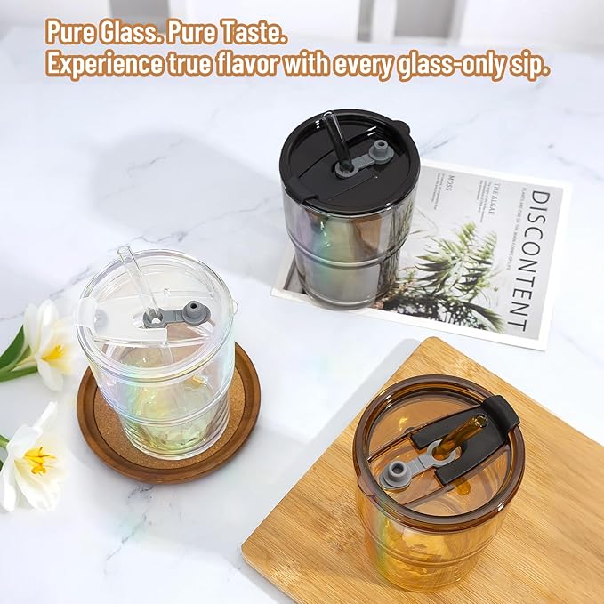 13 oz Glass Tumbler with Glass Straw and Lid, Leak-Proof Reusable Travel Cup for Iced Coffee, Tea, Matcha, Fruit Juice – Thick Wall Clear Water Bottle (Amber, 2 Pack)