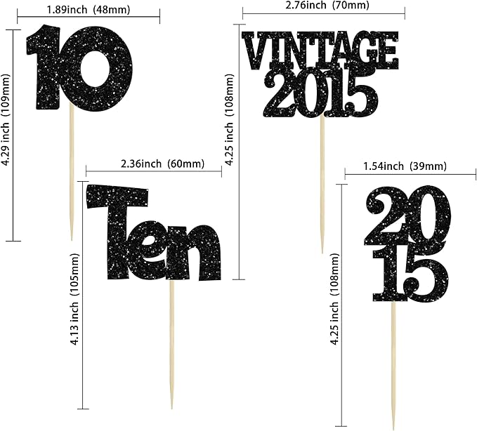 Gyufise 24Pcs 10th Birthday Cupcake Toppers Glitter Ten Vintage 2015 Double Digits 10 Cupcake Picks Hello 10 Years Birthday Cake Decorations for Happy 10th Anniversary Party Supplies Black