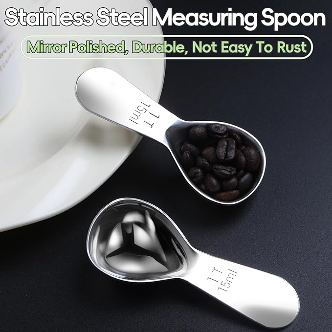 Coffee Scoop set,1&2Tablespoon Measuring spoon (2pieces) Ergonomic sdesign stainless steel manufacture,Coffee Scoop for Ground Coffee, Fits inside Airscape Canisters. (1TBSP&2TBSP(15ML&30ML))