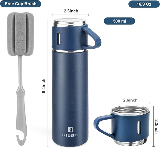 Stainless Steel Thermo 500ml/16.9oz Vacuum Insulated Bottle with Cup for Coffee Hot drink and Cold drink water flask.(Blue,Single)