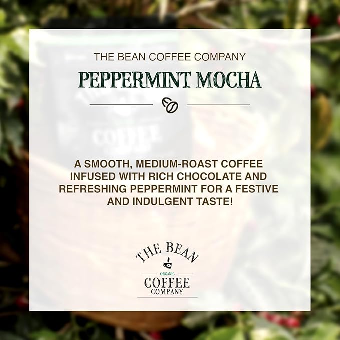 The Bean Organic Coffee Company Peppermint Mocha, Medium Roast, Ground Coffee, 16-Ounce Bag,Café molido tostado organico