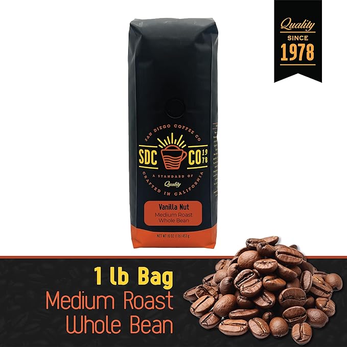 San Diego Coffee Vanilla Nut, Medium Roast, Whole Bean Coffee, 16-Ounce Bag Café en grano tostado