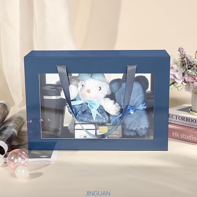 Large Navy Blue Clear Gift Box, 13.5x9x4.1 Inches, Groomsman Proposal Box, Collapsible Gift Box with Magnetic Closure (Glossy Navy Blue, 1 Pack)