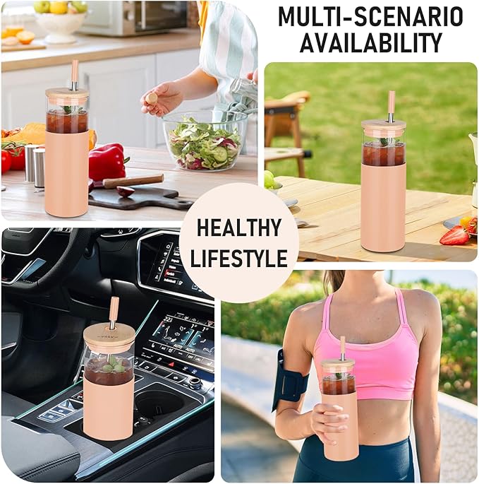 Glass Tumbler w/Lids & Straw - 24oz Reusable Glass Mug/Bamboo Lid & Stainless Steel Straw-BPA Free, Leak-Proof, Dishwash Safe for Coffee, Smoothies, Hot Beverages, Travel, Office, Home Use，2-PK